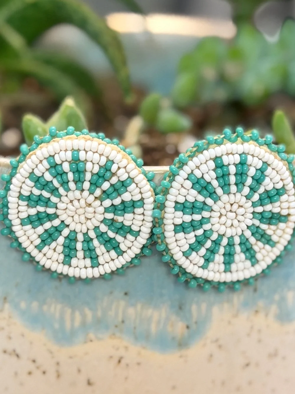 Turquoise and White Beaded Medallion Necklace Set